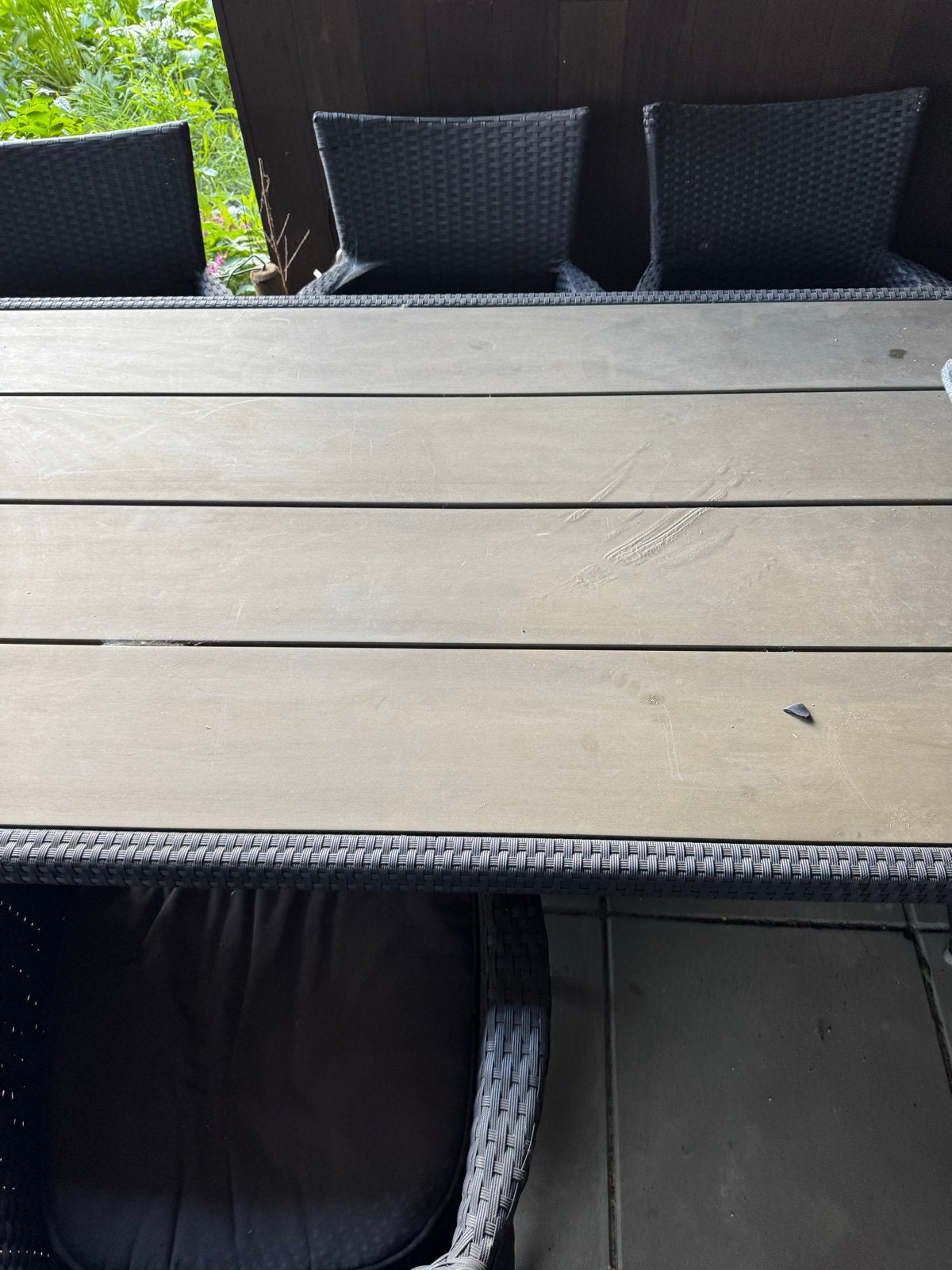 Wicker tuinset met houten tafelblad en 6 stoelen, Ophalen, Gebruikt, Eettafel, 6 zitplaatsen