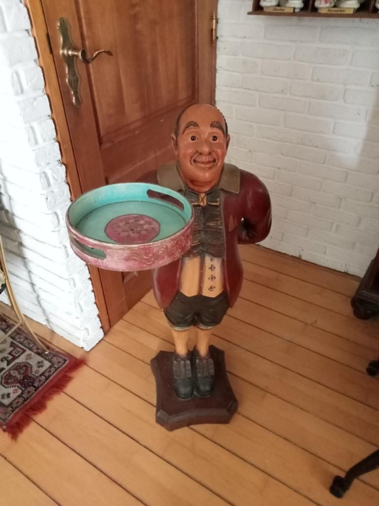 Vintage houten butler beeld met dienblad, Verzamelen, Ophalen, Gebruikt, Gebruiksvoorwerp