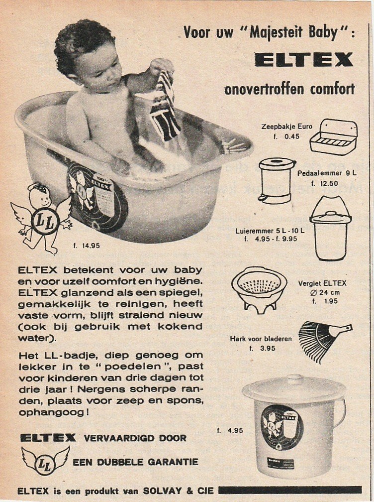 retro reclame 1962 Eltex Solvay Herten baby badje luieremmer, Verzenden, Overige typen
