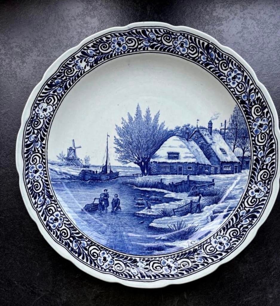Antiek Delfts Blauw Bord - Winterlandschap, Ophalen of Verzenden