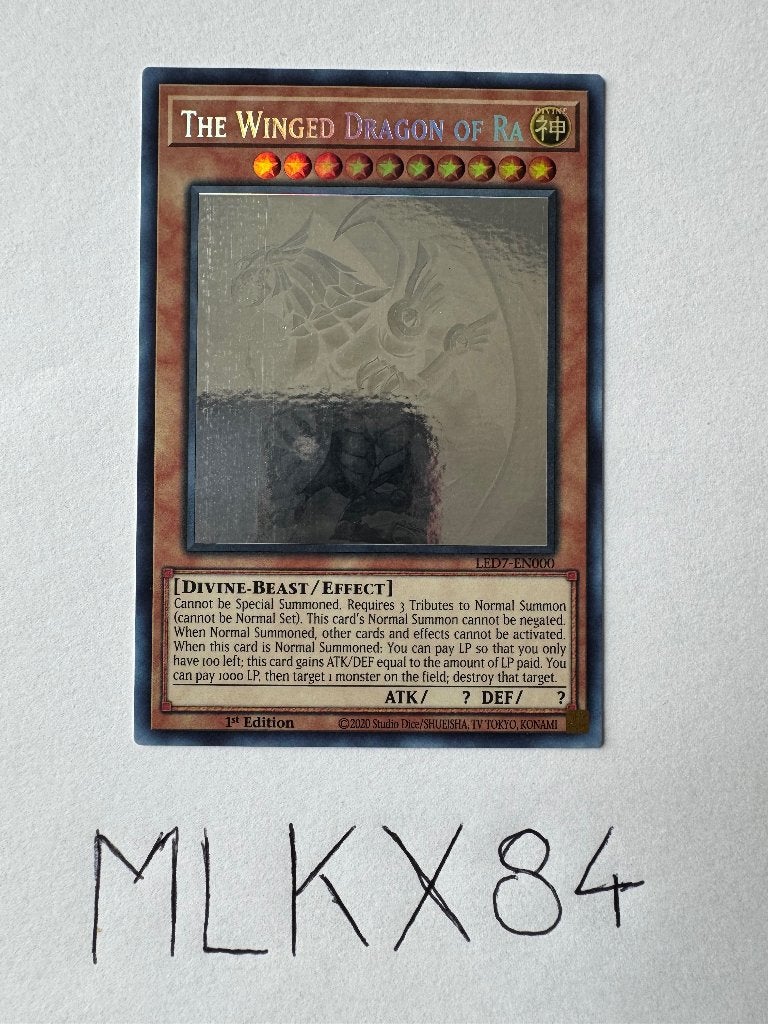YuGiOh - The Winged Dragon of Ra - LED7-EN000 - Ghost Rare, Ophalen, Zo goed als nieuw, Losse kaart, Foil