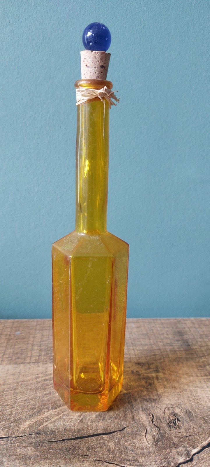 Vintage Gele Glazen Fles met Kurk en Blauwe Knop, Ophalen of Verzenden