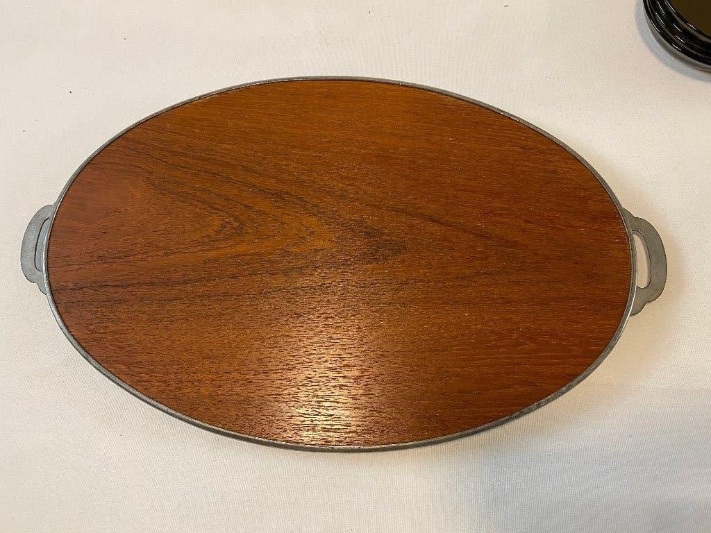 Art Deco/Art Nouveau Teak dienblad met tinnen rand, Gebruikt, Ophalen of Verzenden, Dienblad, Ovaal