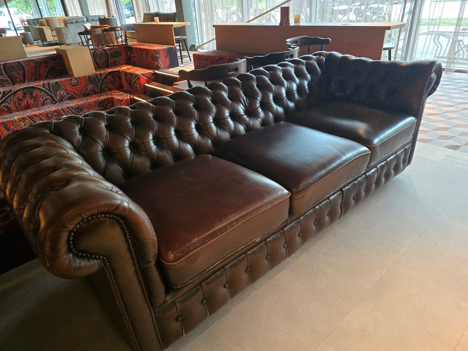 Chesterfield bank 3-zits bruin leer, Ophalen, Gebruikt, Chesterfield, Driepersoons