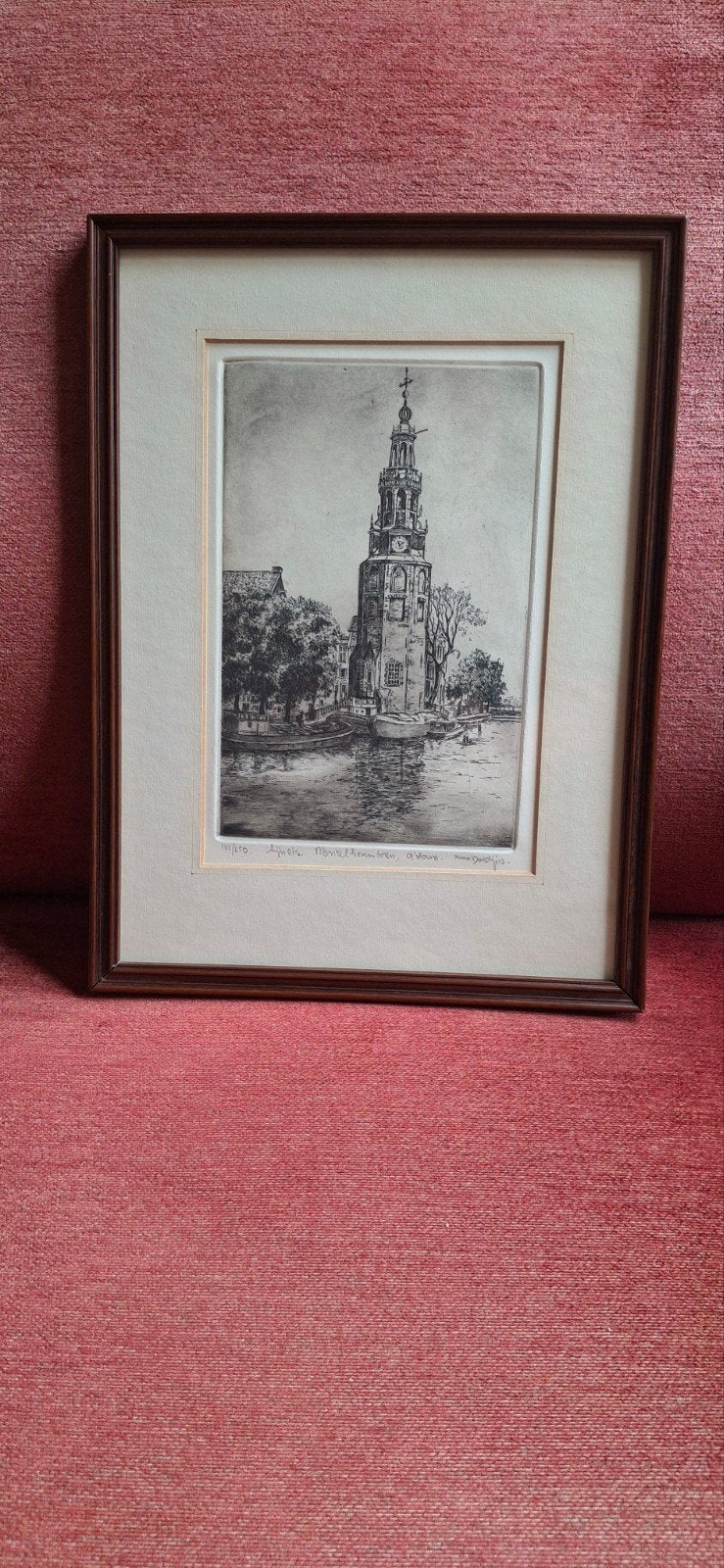 Ets Montelbaanstoren, Amsterdam, Antiek en Kunst, Kunst | Etsen en Gravures, 26 cm, Ingelijst, Architectuur, Ophalen of Verzenden