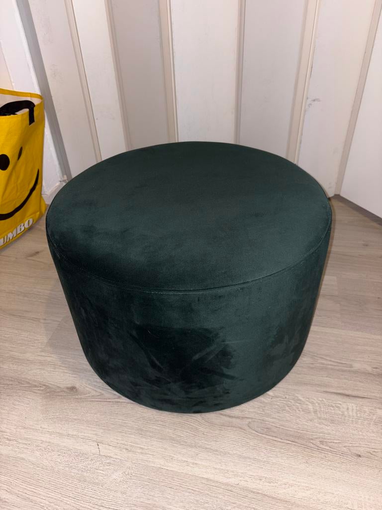 Velvet groene poef Leenbakker - Zo goed als nieuw, Ophalen, Zo goed als nieuw, Rond, Stof