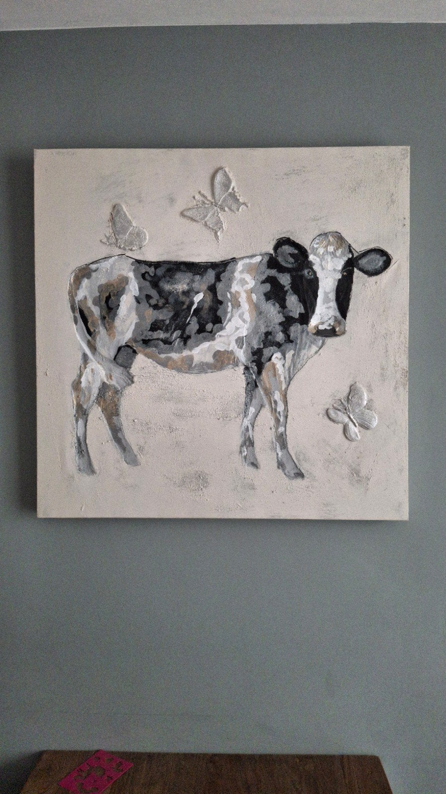 (3d) Reliëf schilderij met koe en vlinders, canvas doek, Acrylverf, Ophalen of Verzenden, Dieren, Op houten frame