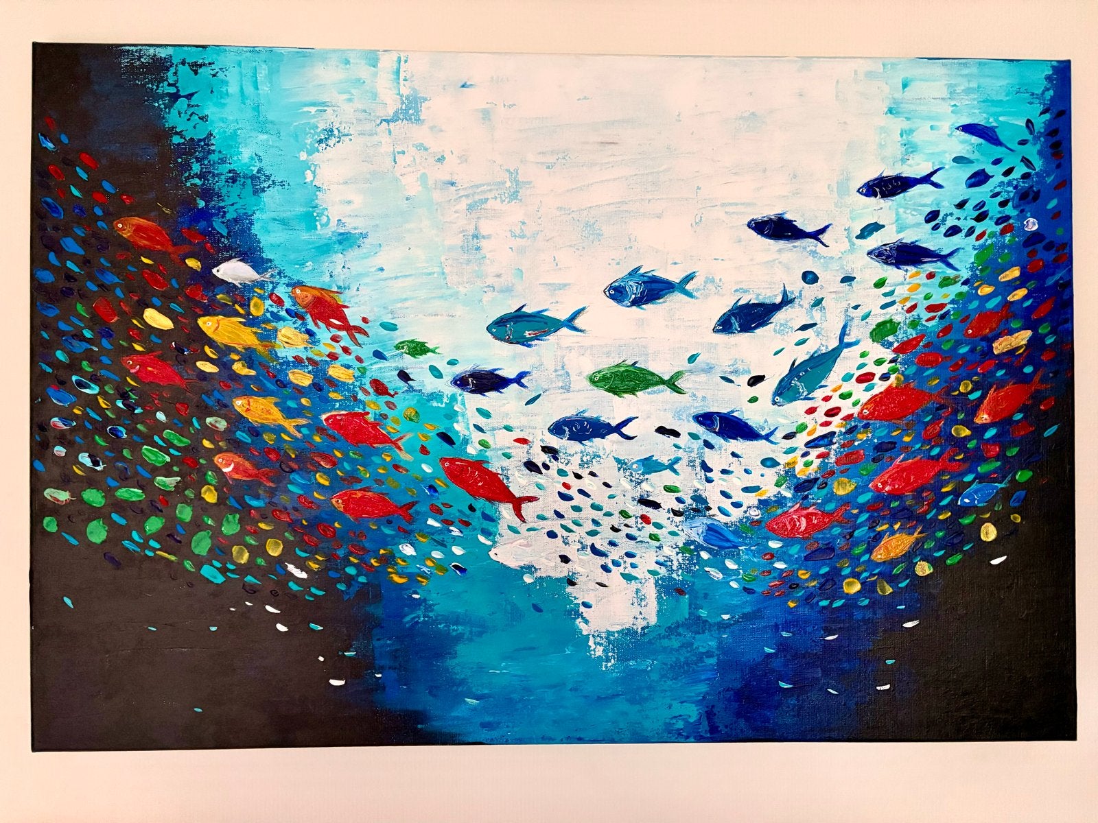 Kleurrijk schilderij van vissen in de oceaan, Antiek en Kunst, Ophalen, Acrylverf, Handgeschilderd, Dieren
