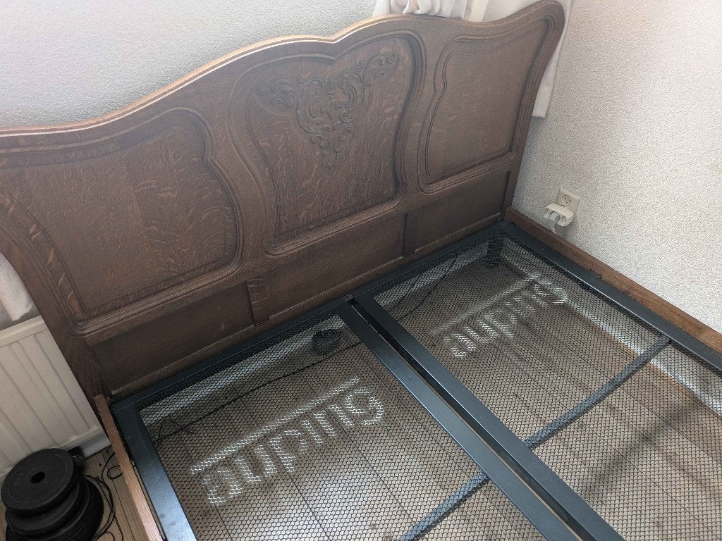 Mooi Houten Bedframe + Auping Bed + 2x Nachttafel Vintage, Ophalen, Gebruikt, Vintage, Antiek, Bruin