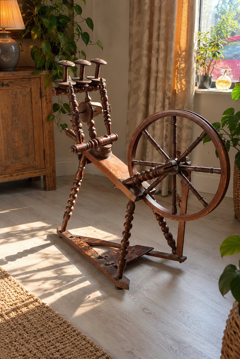 Vintage houten spinnewiel – sfeervolle landelijke decoratie, Ophalen of Verzenden, Gebruikt, Spinnewiel