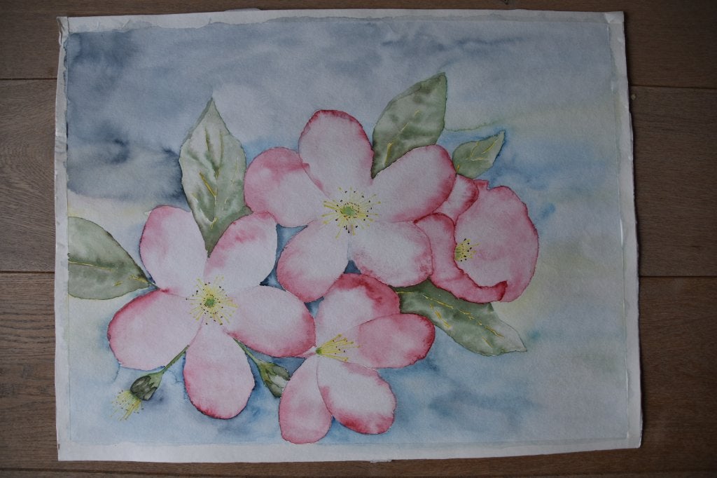Handgemaakt aquarel van appelbloesem op papier (50x65 cm), Aquarel, Origineel werk, Papier, Ophalen