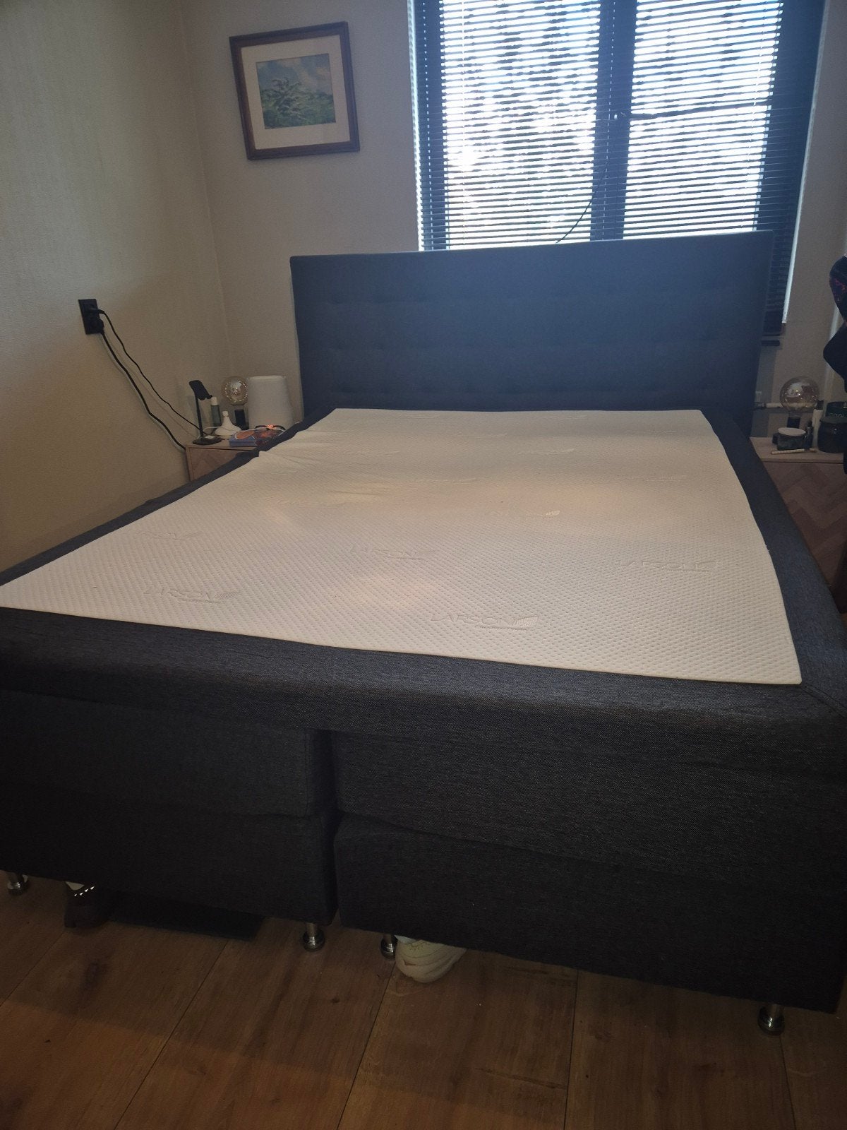 Boxspring Larson Oslo 160x210 grijs met hoofdbord, Ophalen, Gebruikt, 210 cm, Tweepersoons