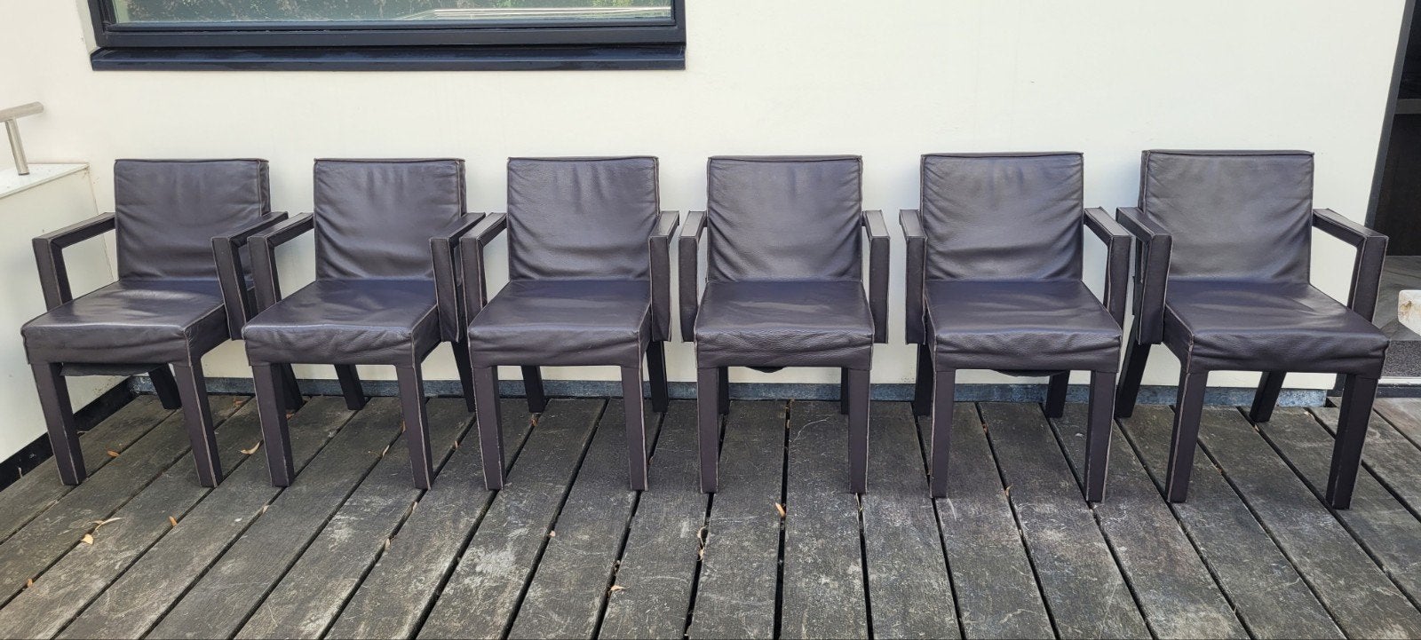 6 x stoel "Saar" Piet Boon, Huis en Inrichting, Stoelen, Ophalen, Gebruikt, Bruin, Leer