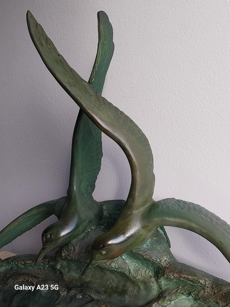 Groot Art Deco beeld Rochard vogels meeuwen 79 cm gesigneerd, Ophalen, Art deco, Gips, 50 - 100 cm