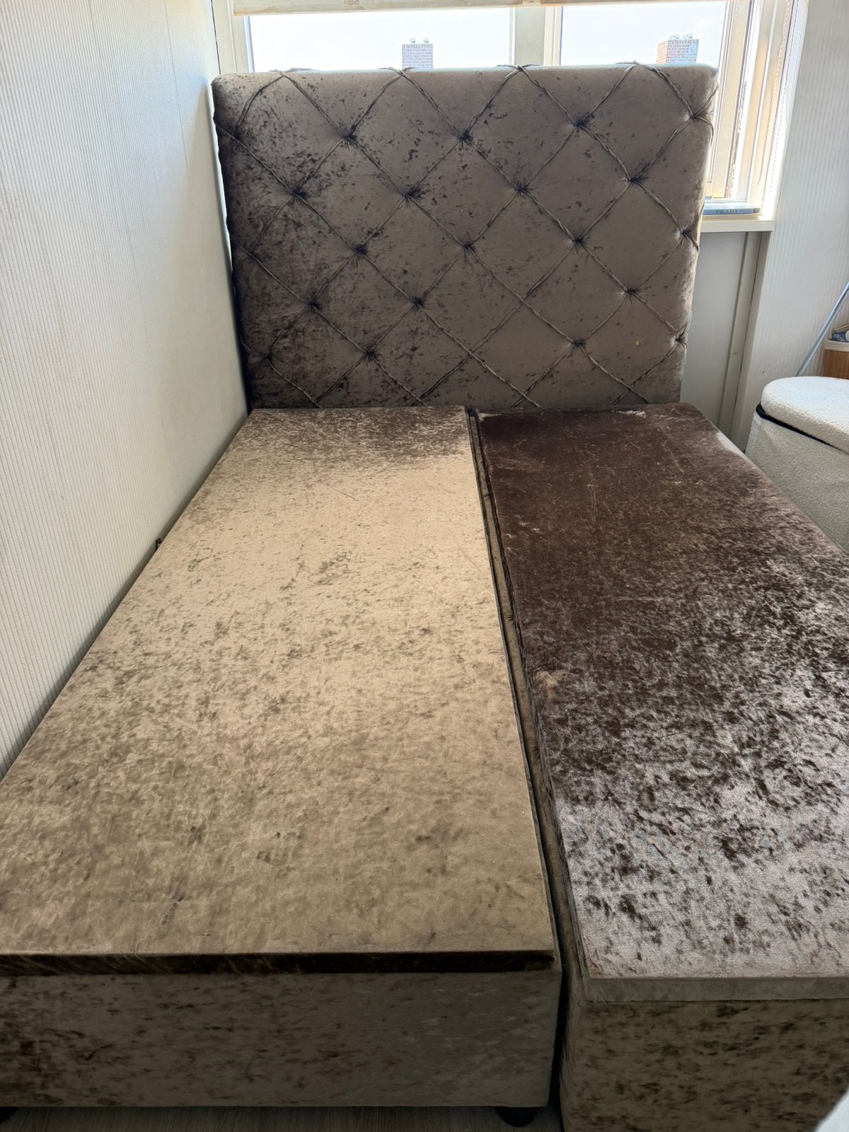 140x200 bed met hoofdbord & opbergruimte, Ophalen, Gebruikt, Bruin, Tweepersoons