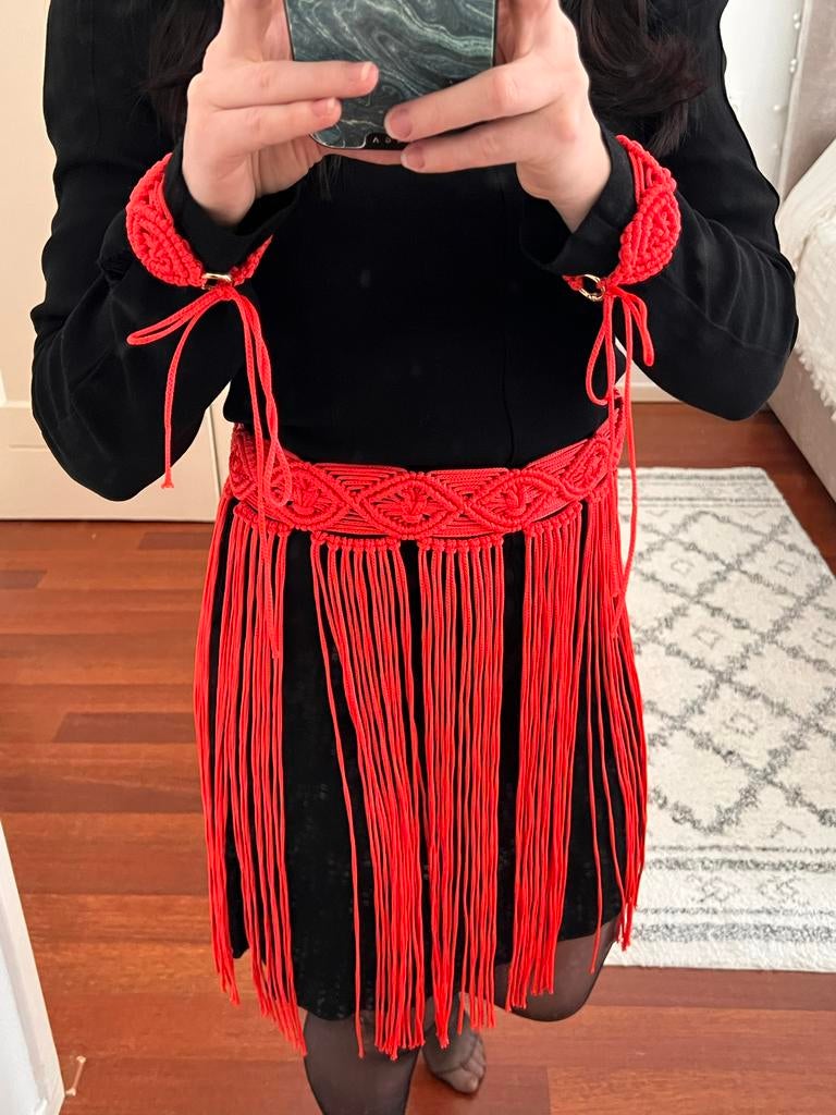Rode macramé riem met franjes en 2 manchetten, 80 tot 90 cm, 3 tot 5 cm, Tailleriem, Ophalen of Verzenden