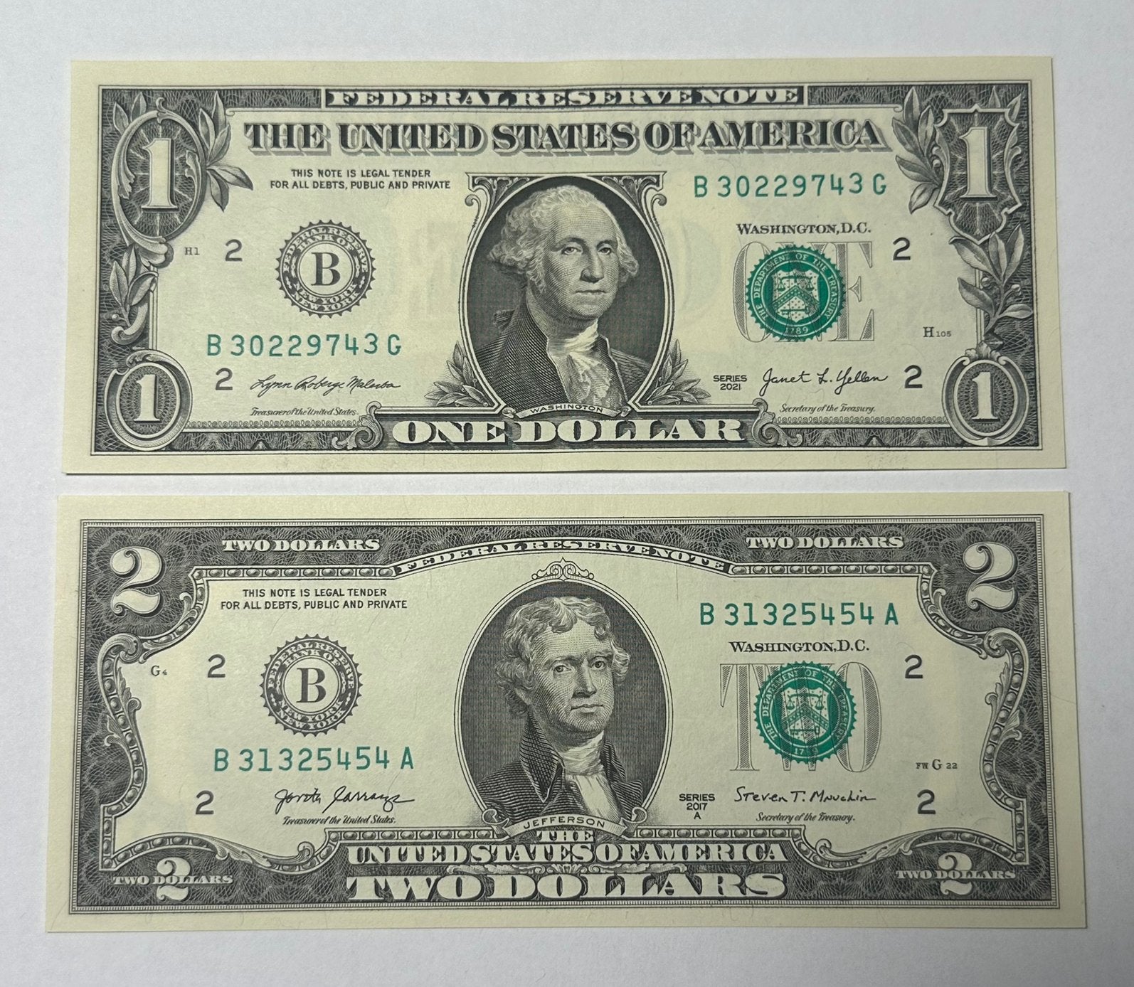 USA 1 en 2 Dollar Biljetten - UNC Setje, Postzegels en Munten, Bankbiljetten | Amerika, Ophalen of Verzenden, Noord-Amerika, Setje
