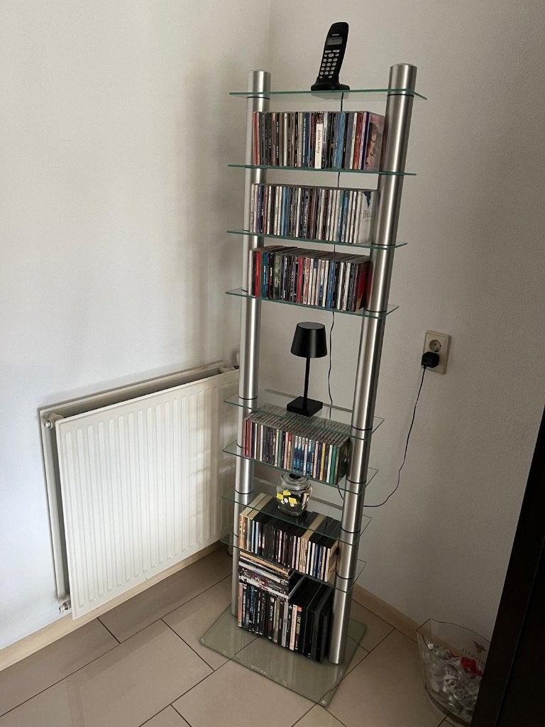 Metaal glazen etalage kast, Ophalen, Met plank(en), Gebruikt, 150 tot 200 cm