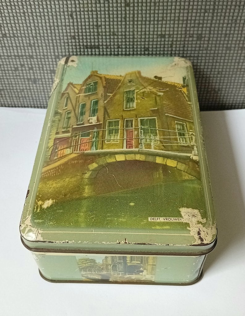 vintage blik met foto van delft, Verzamelen, Blikken, Verzenden, Gebruikt, Overige