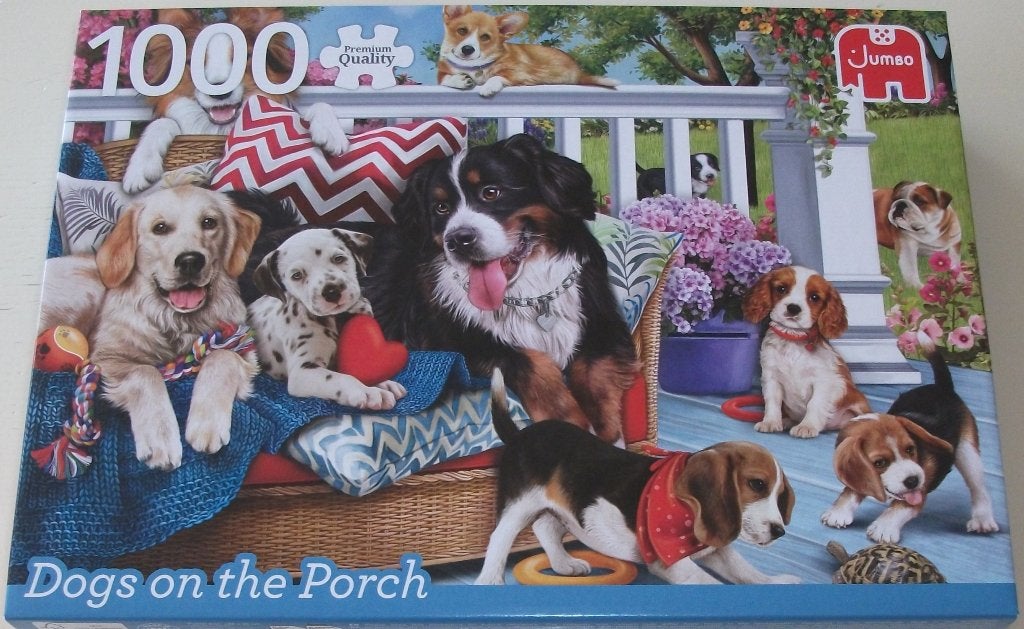 Puzzel *** DOGS ON THE PORCH *** 1000 stukjes Jumbo, Ophalen of Verzenden, 500 t/m 1500 stukjes, Zo goed als nieuw, Legpuzzel