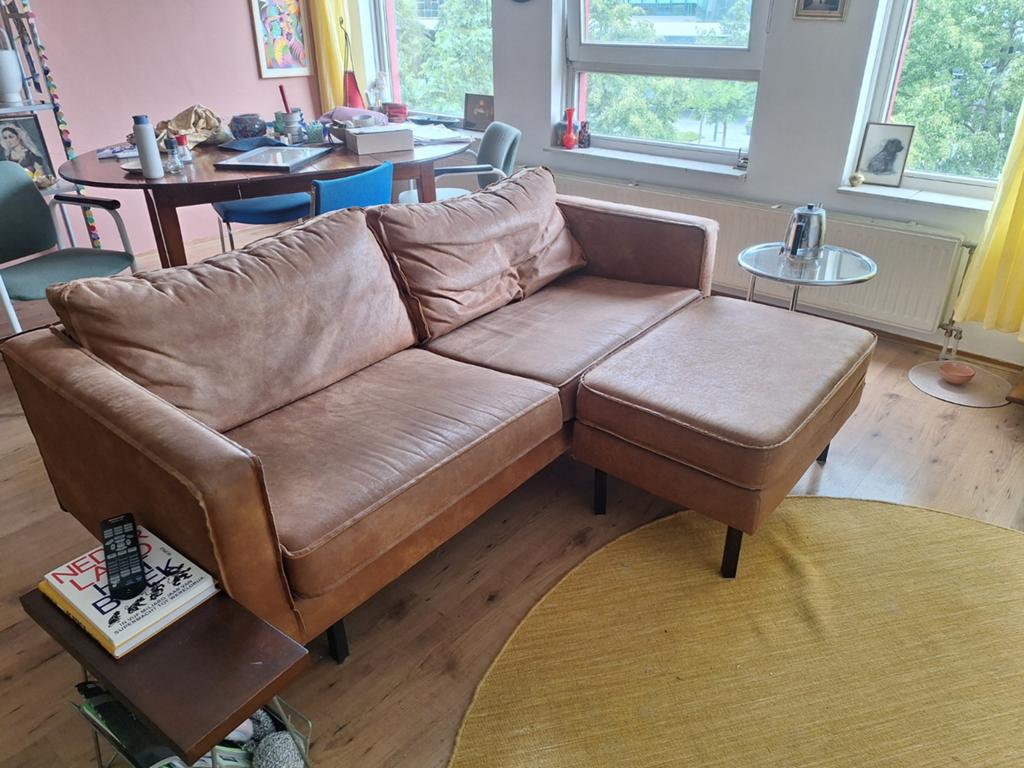 Cognac bruine 2,5 persoonbank + hocker Rodeo WOOOD 190x85 cm, Ophalen, Gebruikt, 150 tot 200 cm, Driepersoons