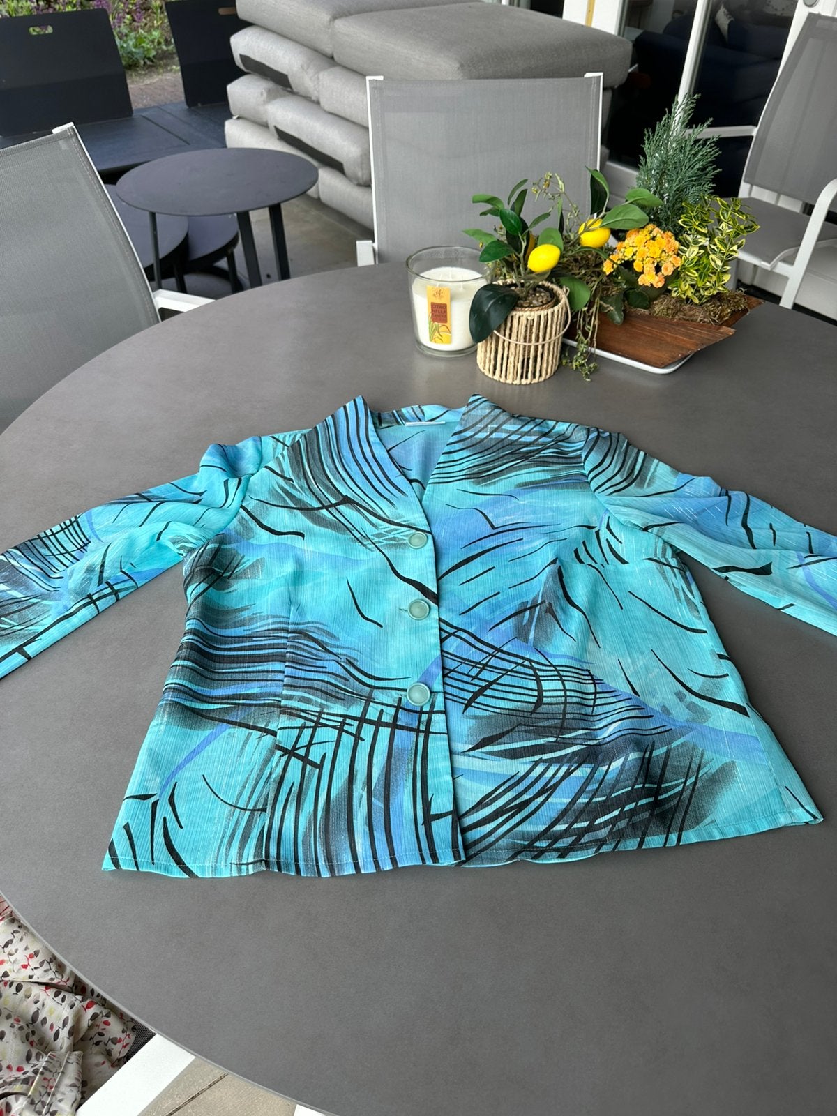 Blauw/zwarte Hermann Lange blouse, maat 44, Kleding | Dames, Maat 42/44 (L), Zo goed als nieuw, Hermann Lange, Verzenden