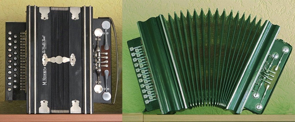 Trekharmonica’s: twee gerestaureerde lepelbassers, Gebruikt, Overige formaten, Knopaccordeon, Ophalen