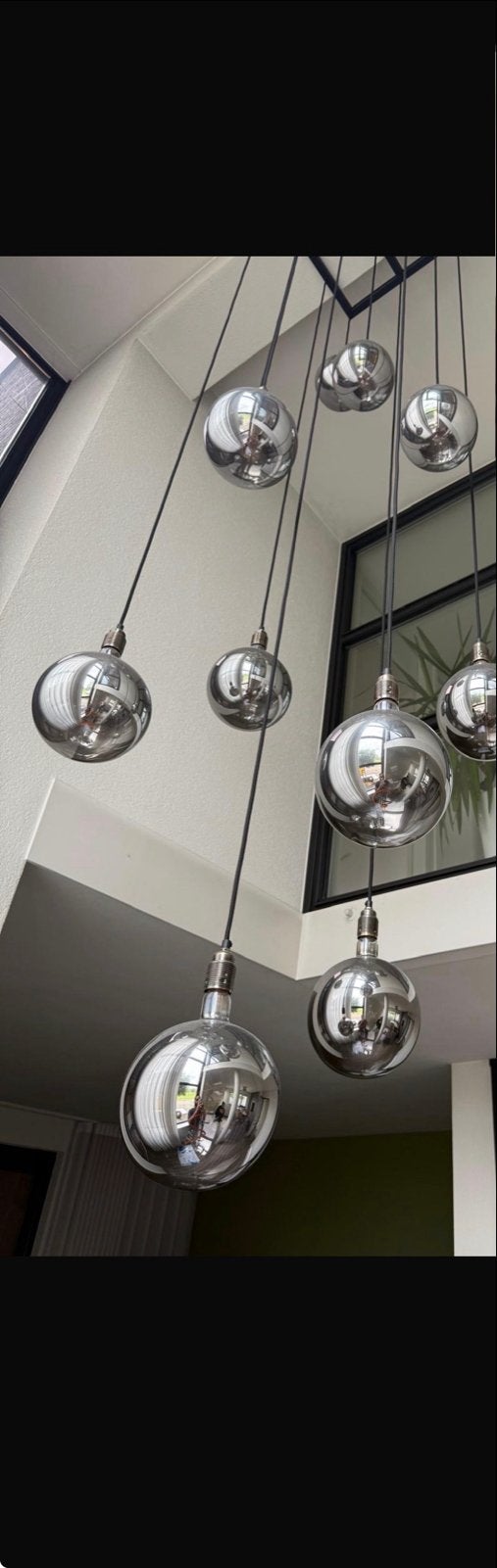 Moderne hanglamp met 7 spiegelende bollen, Ophalen, Zo goed als nieuw, Glas, E27 (groot)