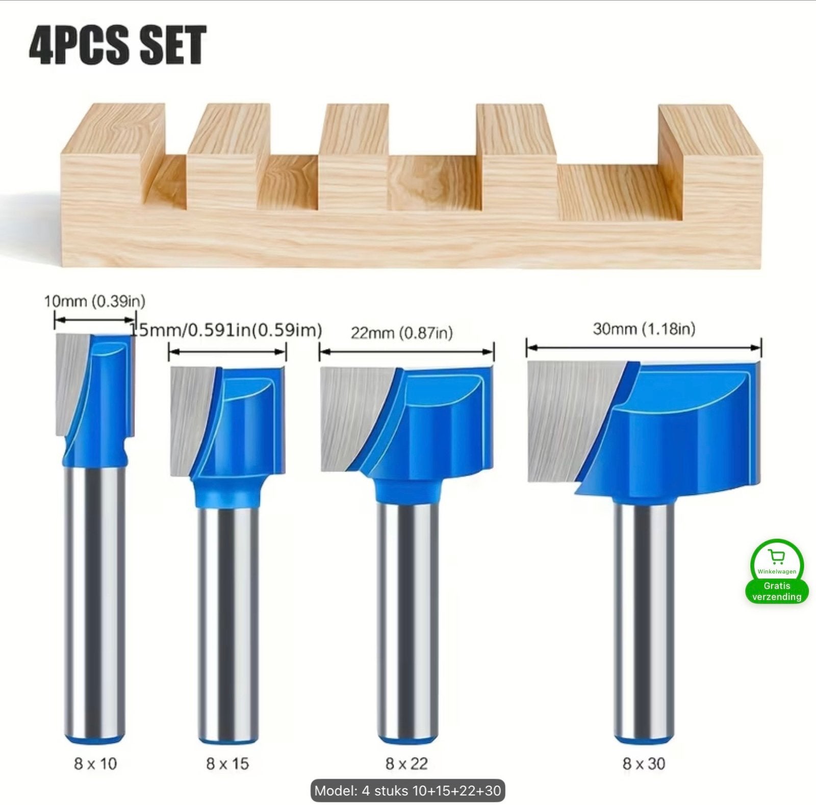 Set van 4 Frezen - Blauw - 8mm Stift - Maten: 10-15-22-30mm, Ophalen of Verzenden, Nieuw, Bovenfrees