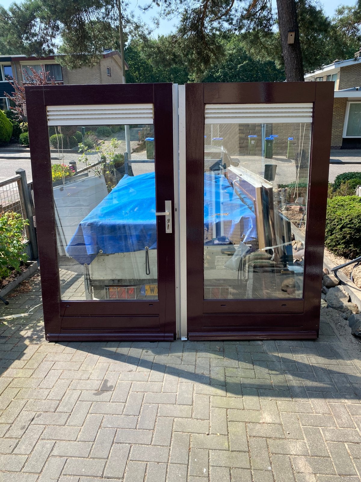 Dubbele deuren HH. 2 sets 220 x 198,5 cm db glas, Doe-het-zelf en Verbouw, Deuren en Horren, Ophalen, Hout, 120 cm of meer, 215 cm of meer