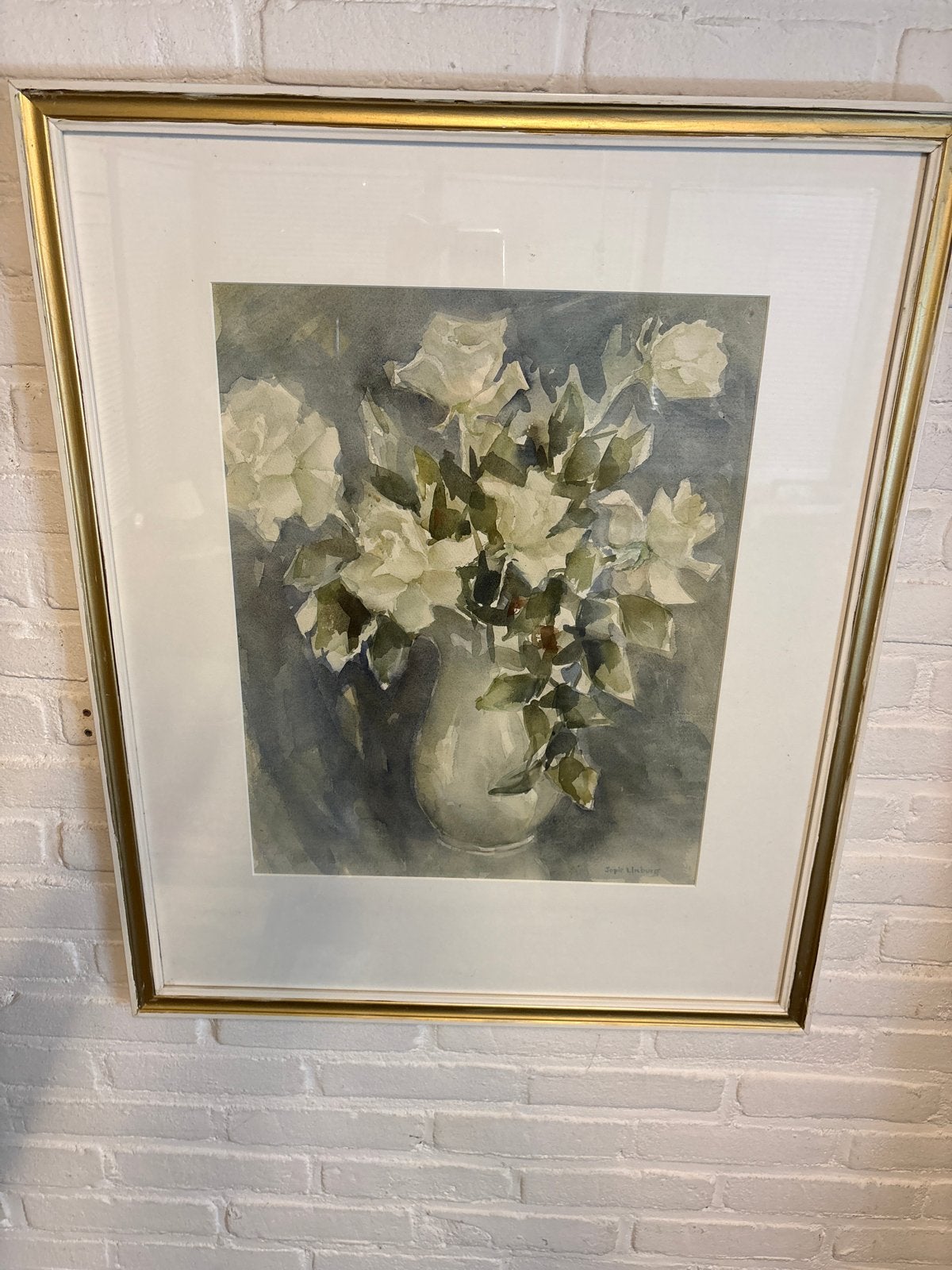 Jopie Limburg - Aquarel Witte Rozen in Vaas (65x79cm), Bloemen, Realistisch, Ophalen of Verzenden, Gesigneerd
