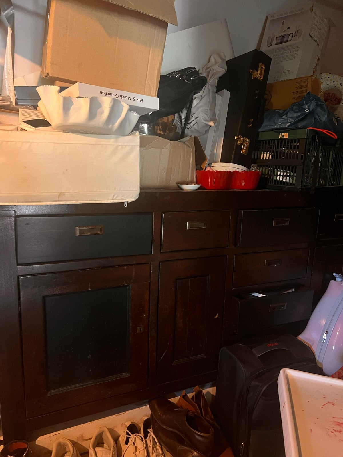 Donkerbruin dressoir met lades en deuren, Huis en Inrichting, Kasten | Dressoirs, Gebruikt, 150 tot 200 cm, Ophalen of Verzenden