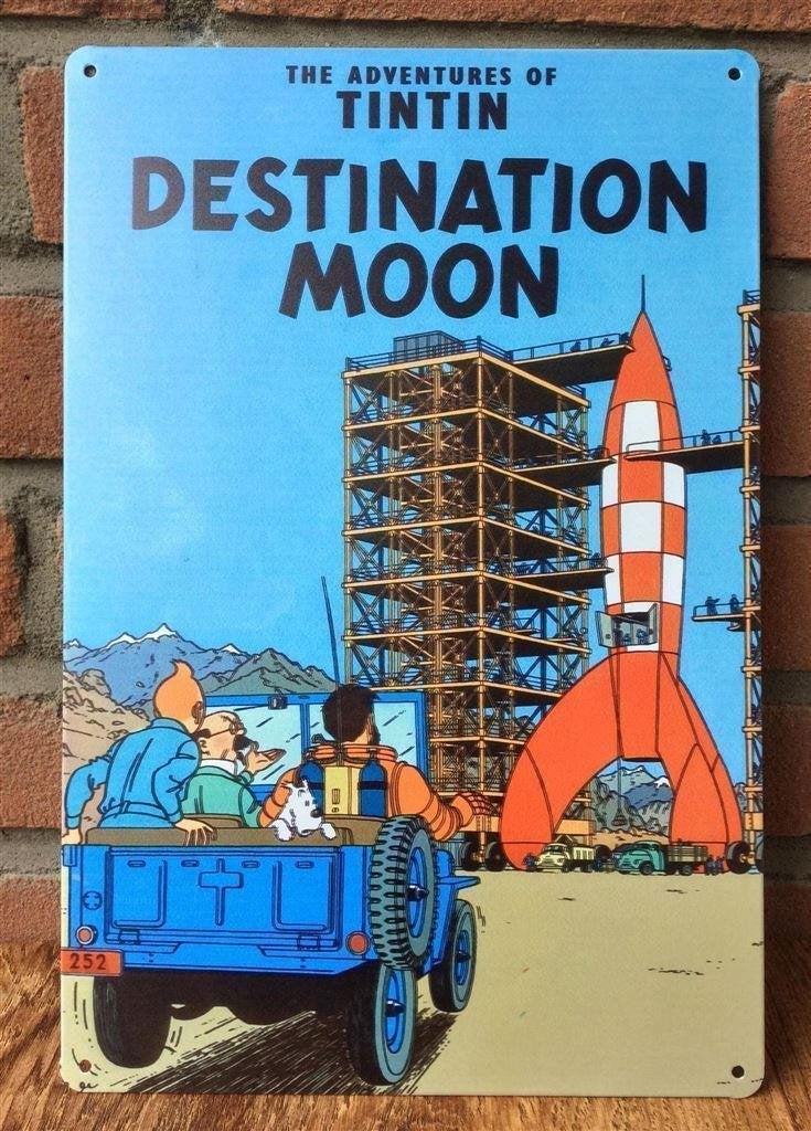 KUIFJE - Raket naar de maan strip Metalen Wandbord poster, Verzenden, Kuifje, Nieuw, Beeldje of Figuurtje