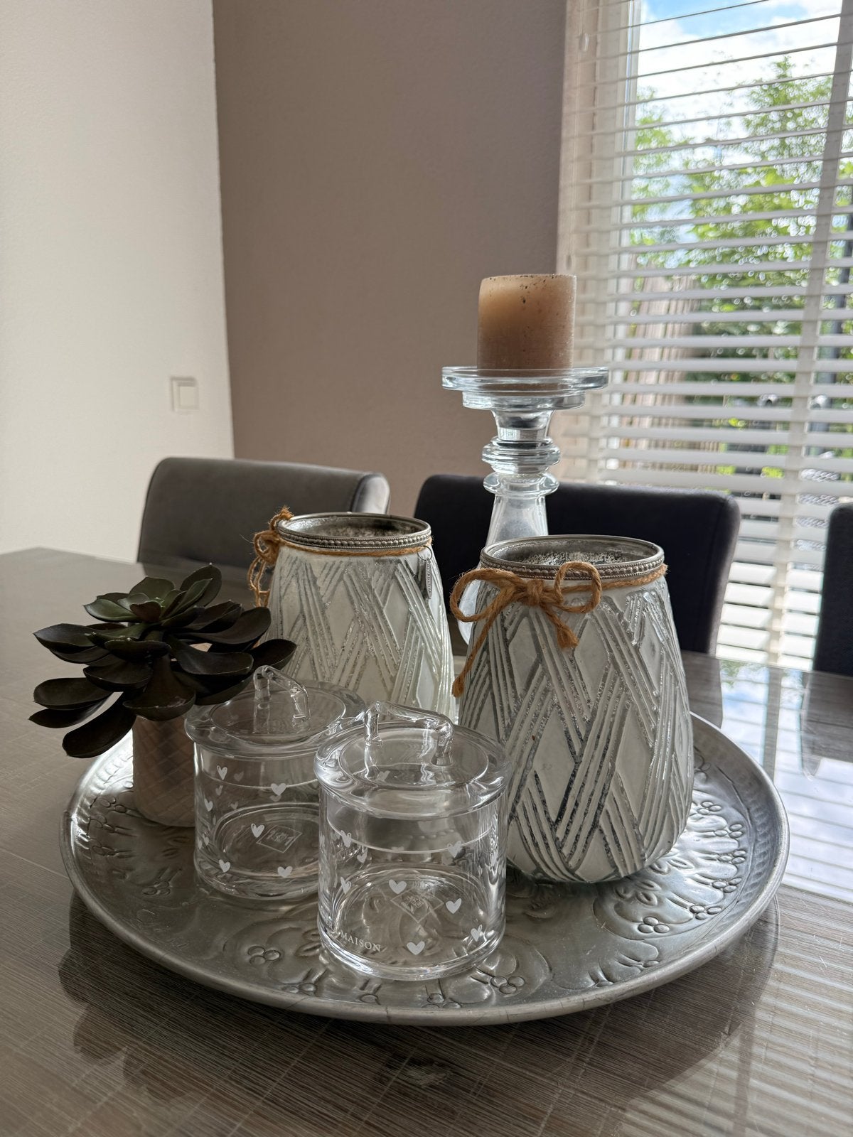Decoratieve set: dienblad, vazen, potjes en kaarsenhouder, Huis en Inrichting, Ophalen, Metaal, Zilver, Landelijk