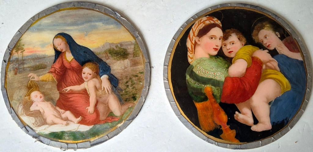 Twee ronde schilderijtjes op glas , vermoedelijk 19e eeuw, Antiek en Kunst, Kunst | Schilderijen | Klassiek, Verzenden