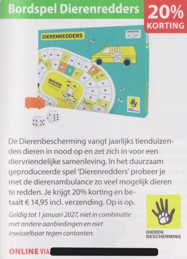 Bordspel Dierenredders. 20% korting. Postcodeloterij bon.., Eén persoon, Kortingsbon, Warenhuis- of Winkelbon