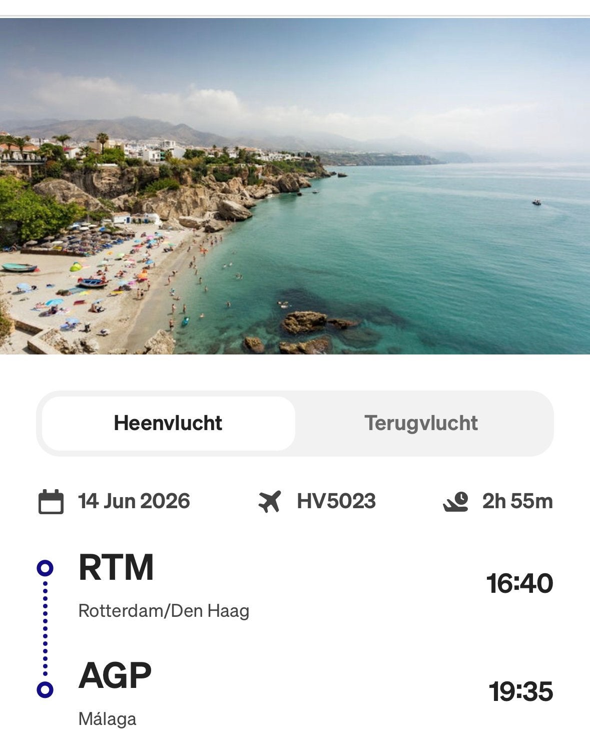 2x vliegtickets retour Transavia R’dam- Malaga 14-6 t/m19-6, Twee personen, Vliegtuig, Met bestemming of datum