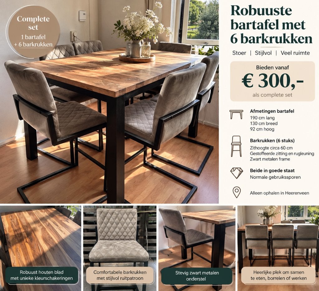 Robuuste bartafel met 6 barkrukken | complete set, Huis en Inrichting, Ophalen, Gebruikt, Inclusief barstoelen