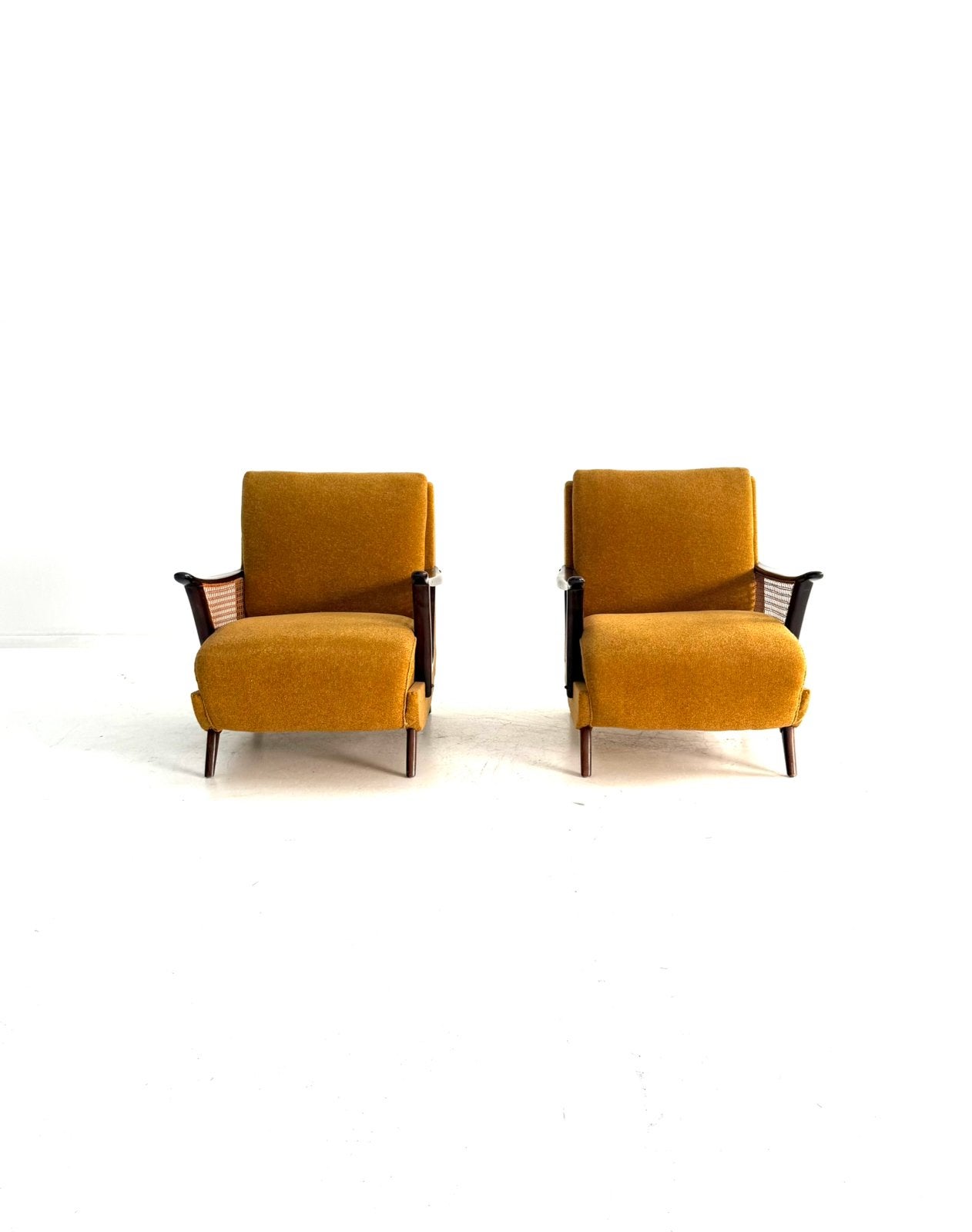 Set van 2 vintage fauteuils, jaren ‘60, Hout, Vintage retro buisframe design rotan webbing papercord deens, 75 tot 100 cm, Ophalen of Verzenden