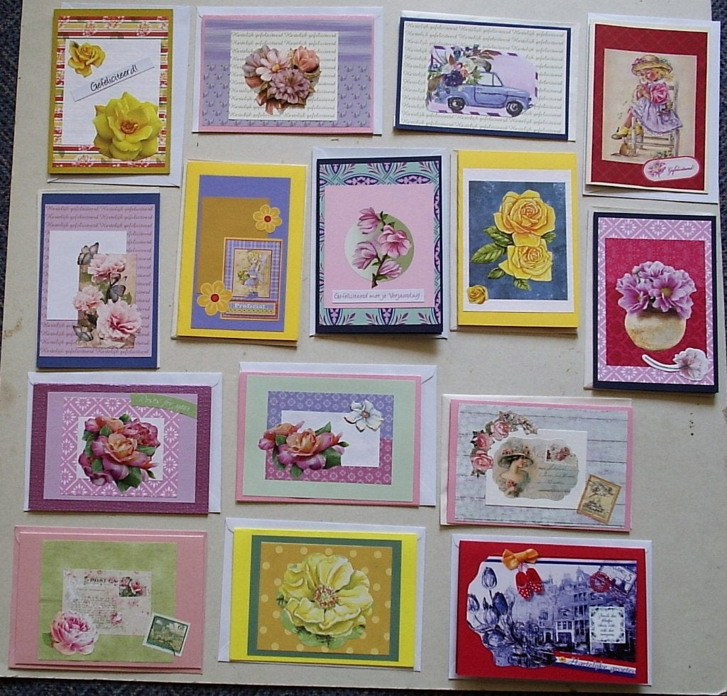 Set van 15x zelfgemaakte wenskaarten blanco/gefelicteerd (b), Verzenden, Nieuw, Overige thema's
