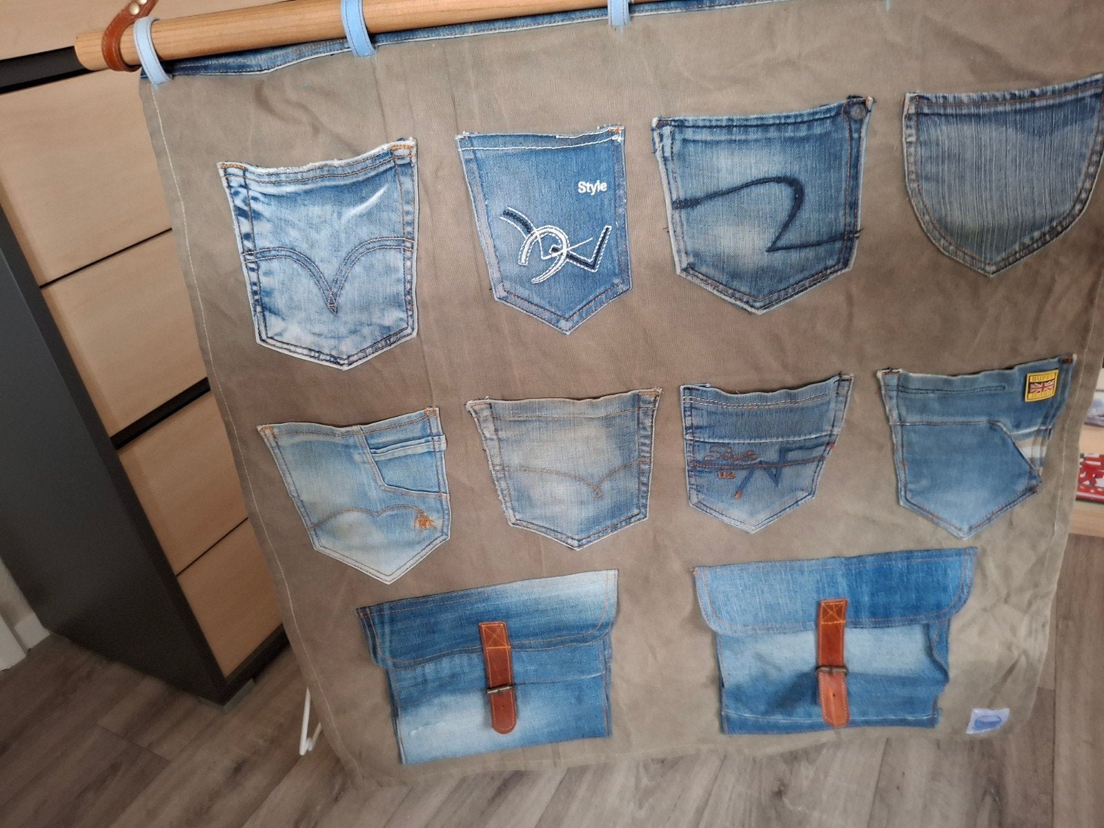 Unieke organizer van gerecyclede spijkerbroeken, Vintage, Gebruikt, Meerkleurig, Ophalen of Verzenden