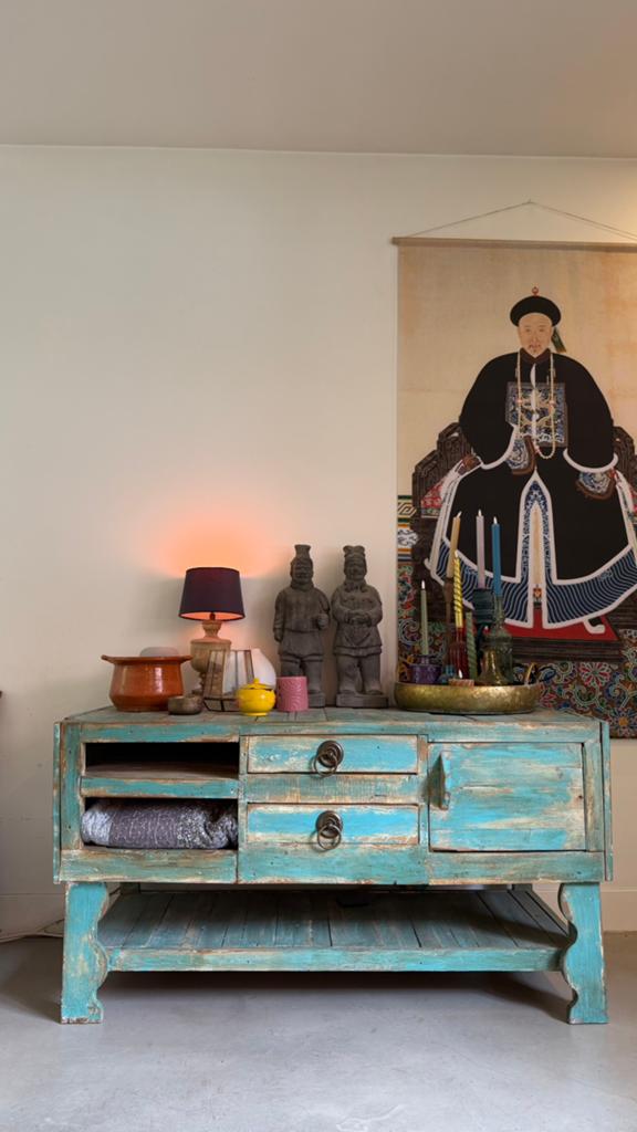 Rustieke turquoise kast, Ophalen, Zo goed als nieuw, Bohemian/ indiaas/ Ibiza, 50 tot 75 cm