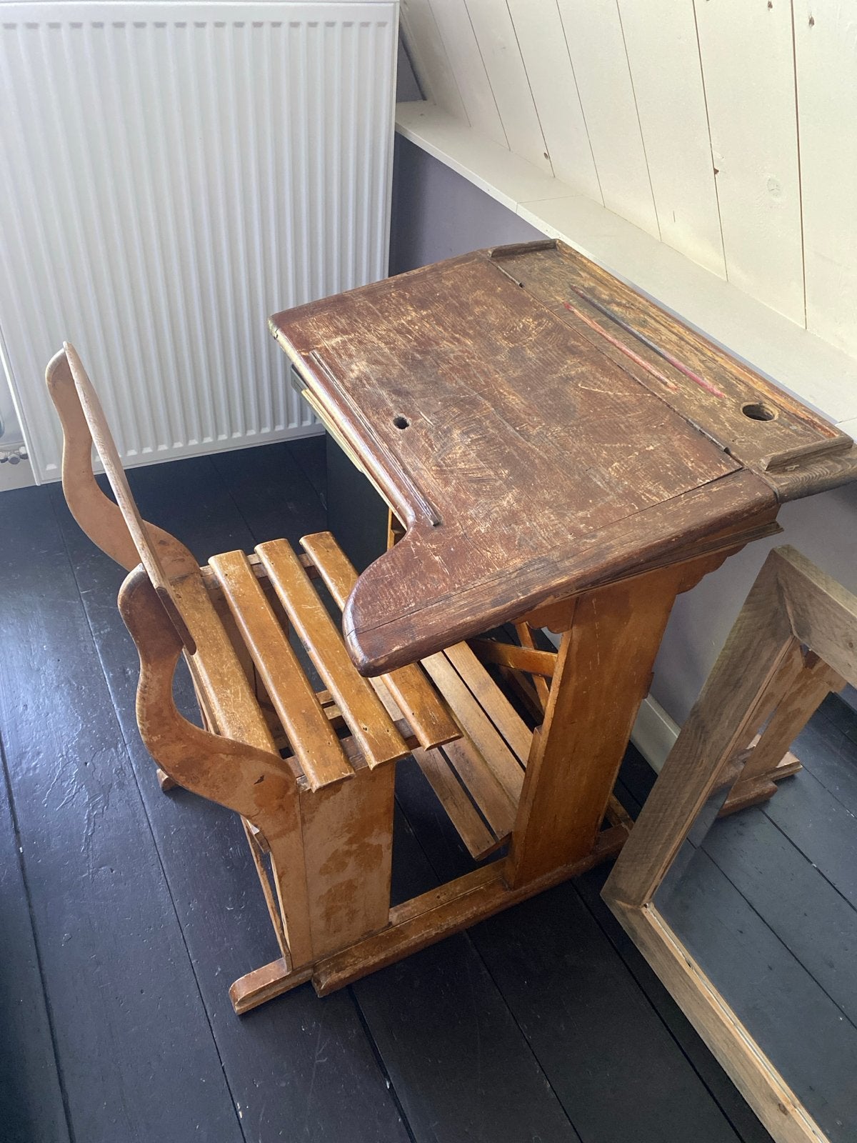 Vintage houten schoolbankje met stoel, Ophalen