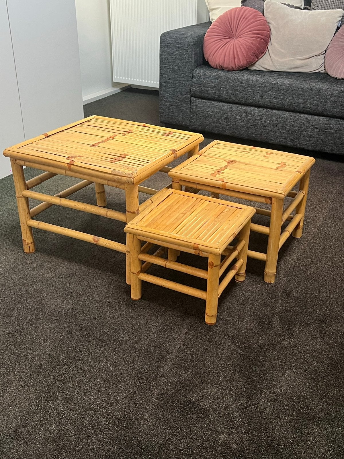 Bamboe bijzettafels - set van 3, Ophalen, Minder dan 45 cm, Minder dan 55 cm, Gebruikt