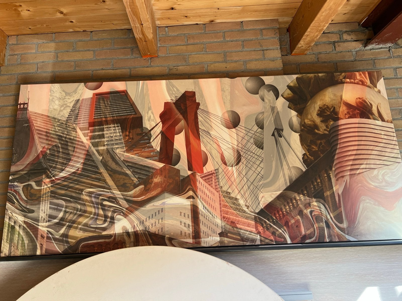 Abstract schilderij met stadsgezicht en bruggen, Ophalen of Verzenden