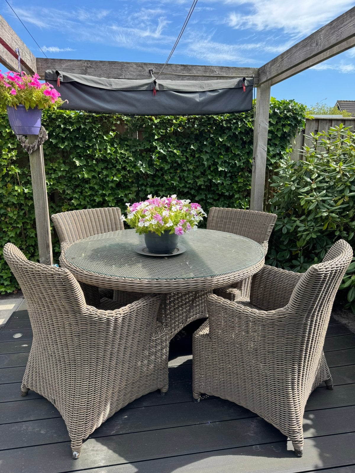 4 season outdoor dining set, ronde tafel met glasplaat., Tuin en Terras, Tuinsets en Loungesets, Ophalen, 4 zitplaatsen, Gebruikt