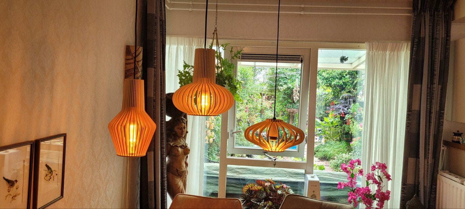 Set van 3 houten hanglampen - modern design, Modern, Scandinavisch, Natuurlijk, Zo goed als nieuw, Hout, E27 (groot)