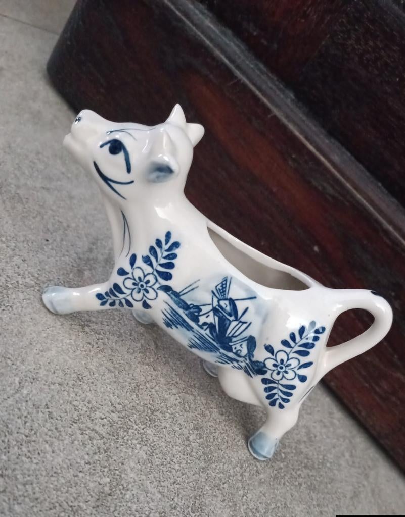 Vintage Delfts Blauw Melkkannetje Koe - Molen & Bloemen, Ophalen of Verzenden