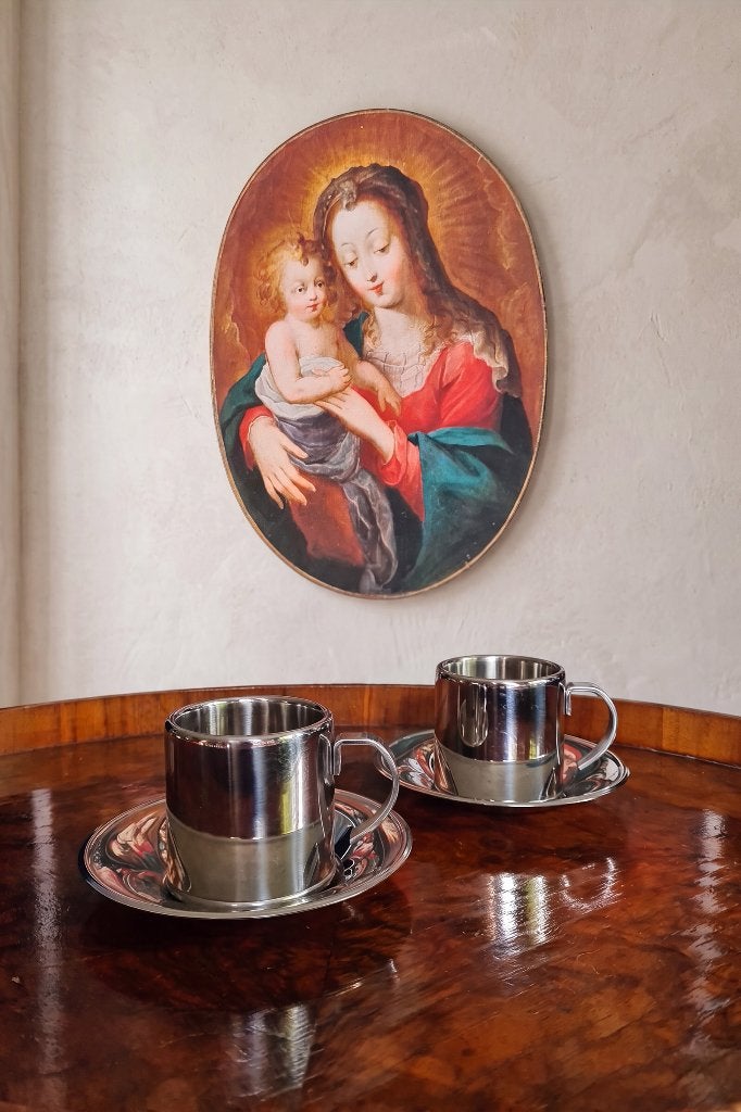 Meber Italië set 2 rvs dubbelwandig espresso koppen-schotels, Overige merken, Ophalen of Verzenden, Zo goed als nieuw, Metaal