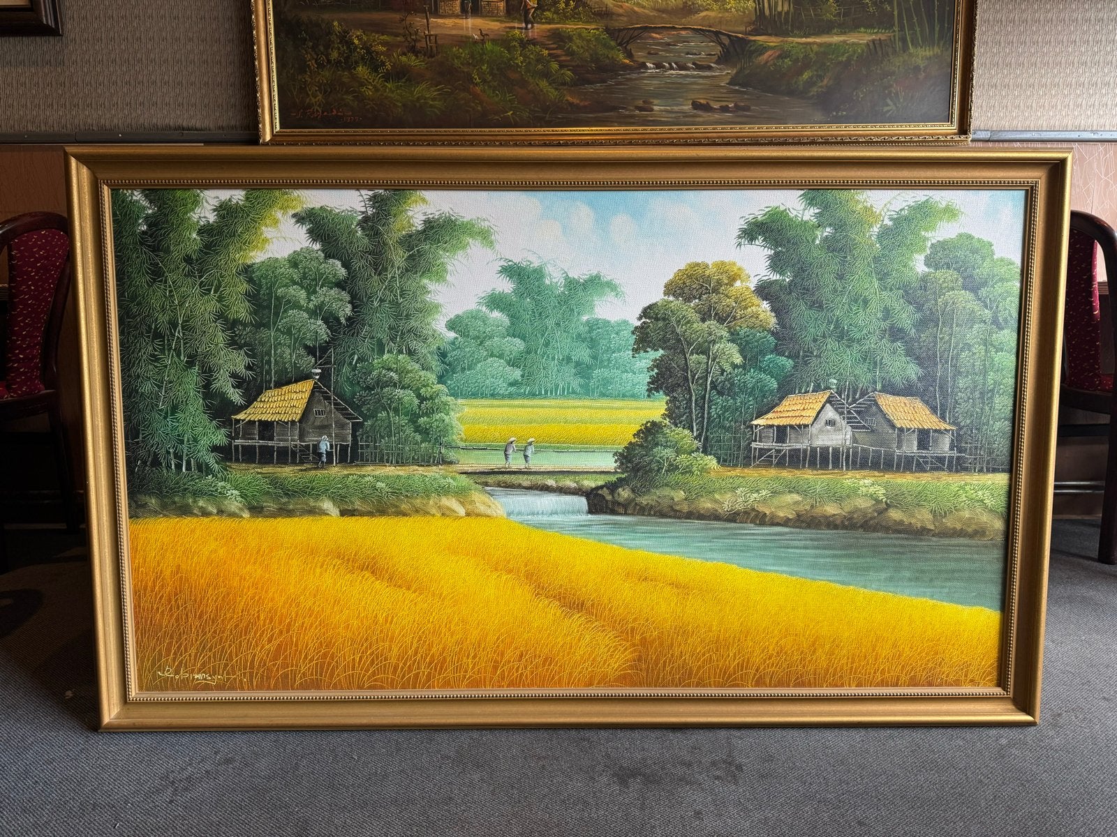 Indonesisch Landschap Schilderij - Olieverf op doek, Antiek en Kunst, Kunst | Schilderijen | Modern, Textiel, Landschap, Ophalen